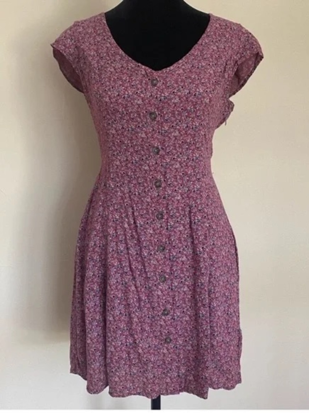 American Eagle Outfitters Burgundy Floral High-Low Button Dress